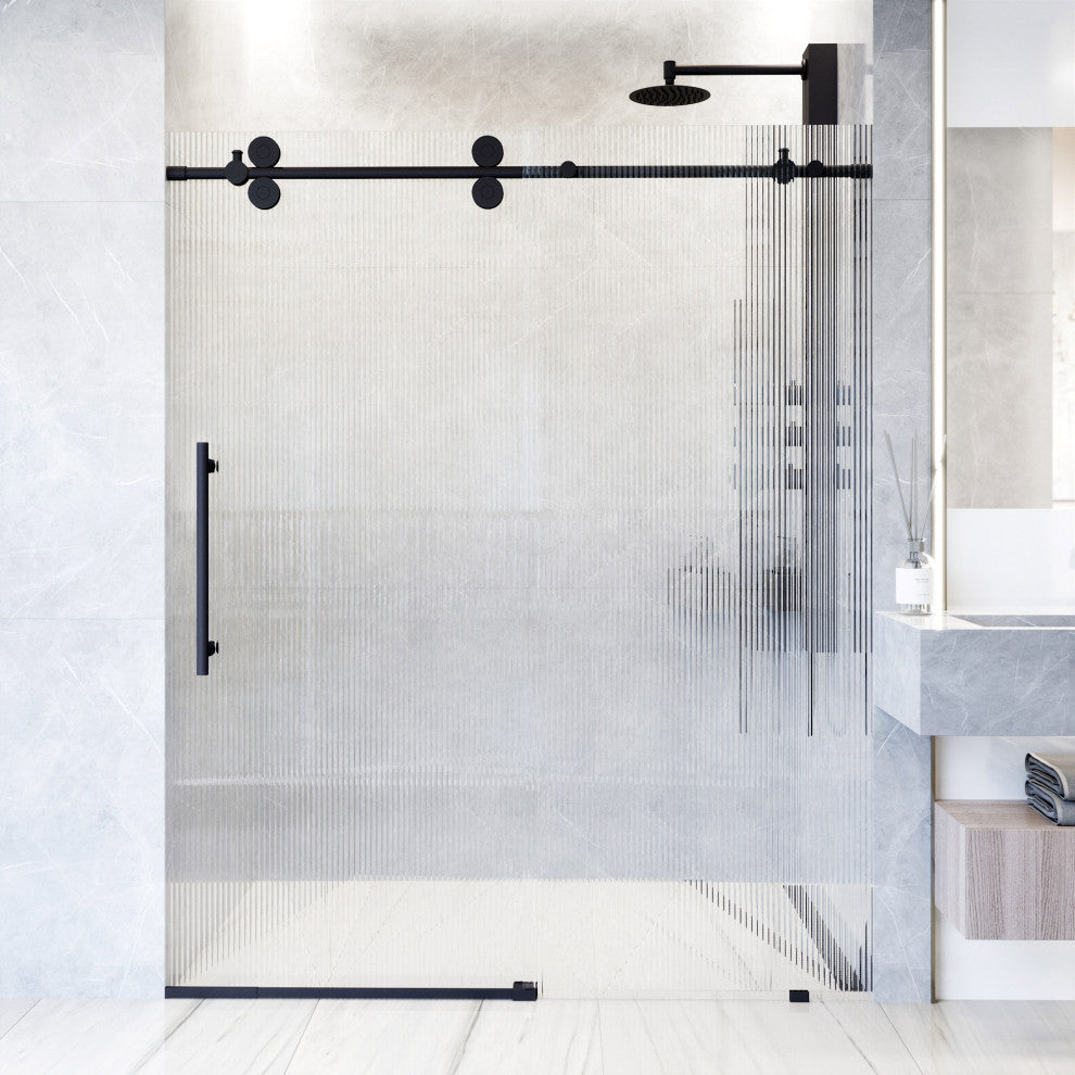VIGO Elan 56" to 60" W x 74" H Frameless Sliding Shower Door, Matte Black, Left, Fluted Glass