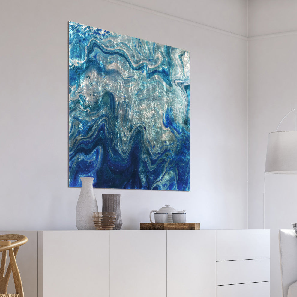 Indigo Minerals Abstract Wall Art Reverse Print Tempered Glass With Silver Leaf