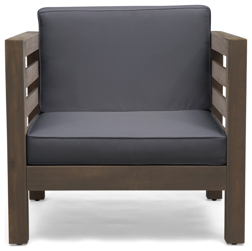 Emma Outdoor 6 Seater Acacia Wood Sectional Sofa and Club Chair Set, Dark Gray