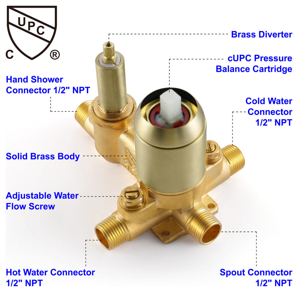 Wellfor Shower Faucet Set, Waterfall Tub Spout and Hand Shower, Brushed Gold