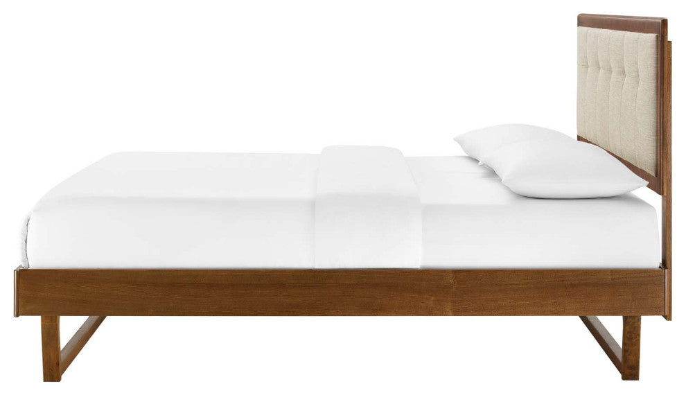 Platform Bed Frame, King Size, Wood, Brown Walnut Beige, Modern Mid-Century