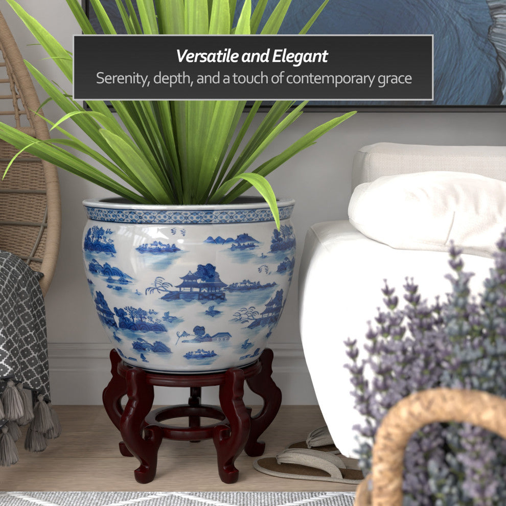 18" Porcelain Fishbowl Blue and White Landscape
