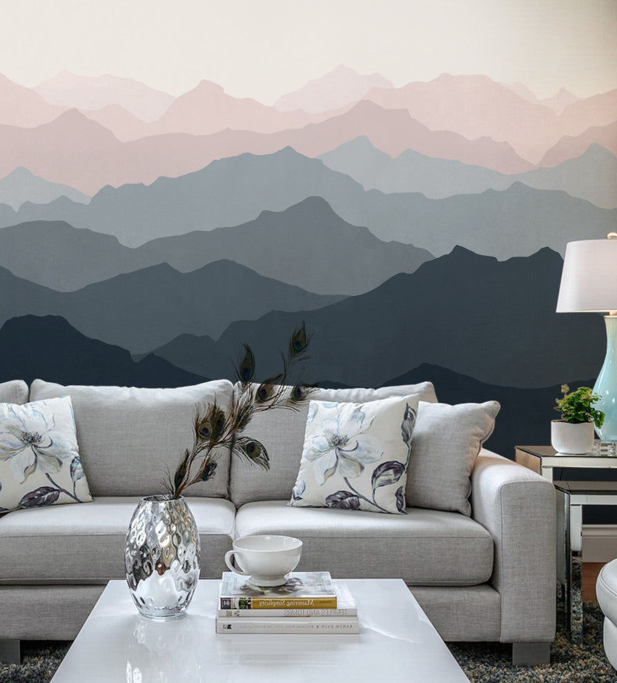 Mountain Mural Wall Art Peel and Stick Vinyl Wallpaper, Navy/Pale Pink, 24"x96"