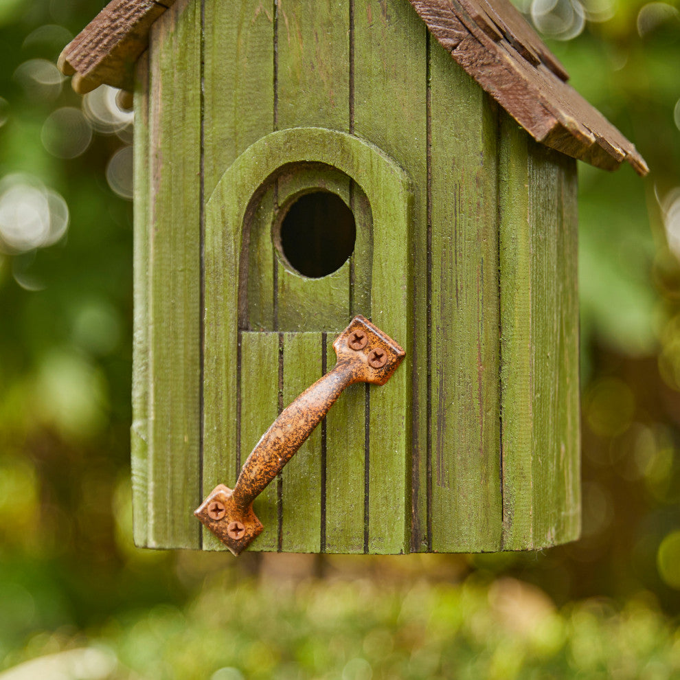 Rustic Garden Distressed Wooden Birdhouse, Metal Door Handle