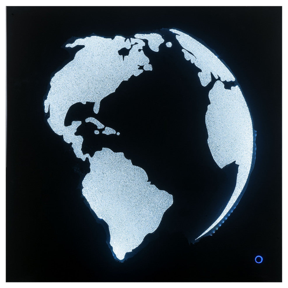 Benzara BM232520 Rectangular World Wall Art With LED, Black and Silver