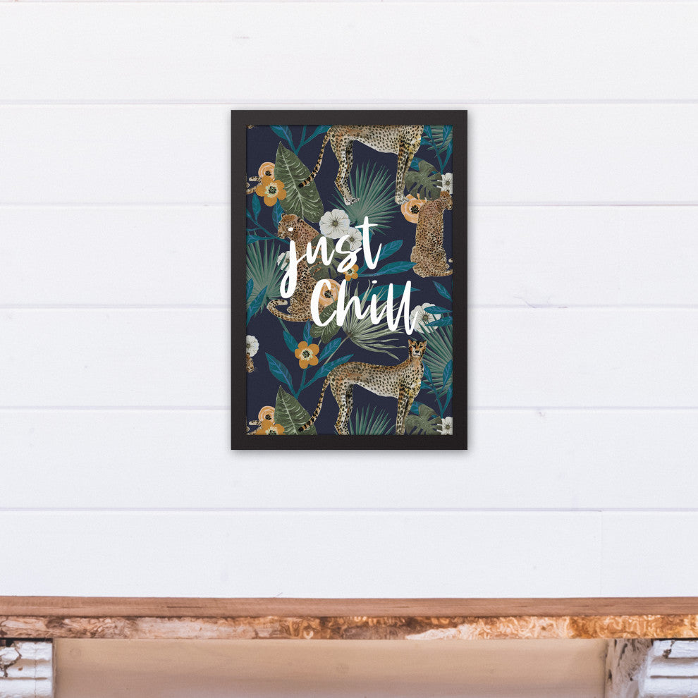 Just Chill Tropical Cheetah Navy 13.73x19.73 Black Framed Canvas