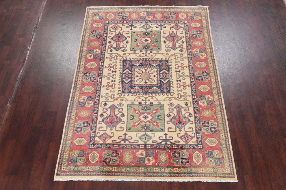 Kazak Oriental Traditional Area Rug Handmade Pakistani, Beige, 8'10"x6'0