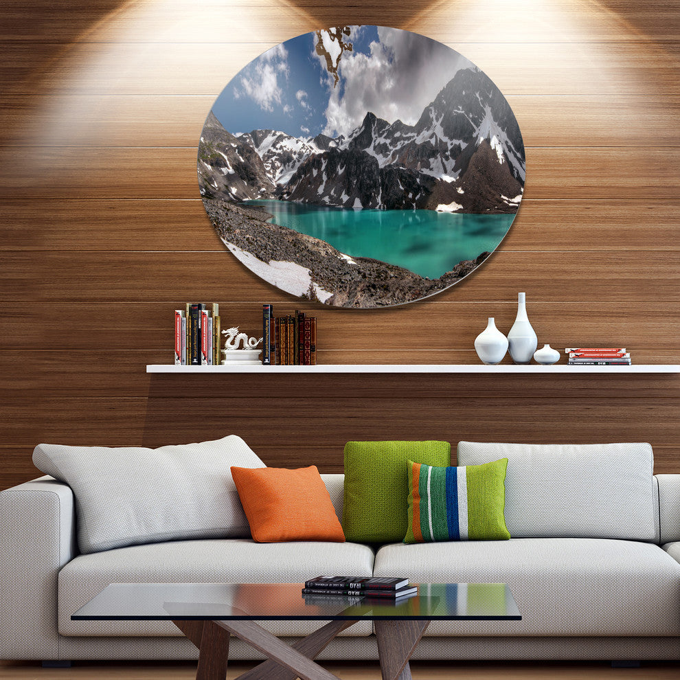 Distant Mountains And Mountain Lake, Landscape Disc Metal Wall Art, 23"