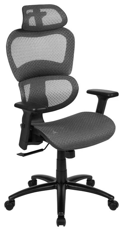 Contemporary Office Chair, Mesh Seat & Back With Adjustable Headrest, Gray