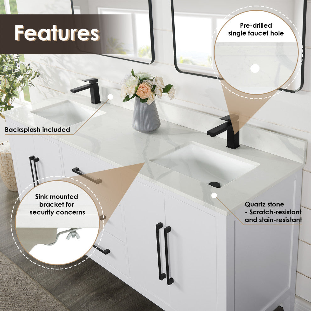 Laurel Bathroom Vanity with Calacatta White Quartz Stone Countertop, White, 72", Without Mirror