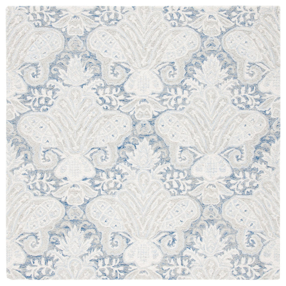 Safavieh Micro-Loop Mlp539M Damask Rug, Blue and Ivory, 5'0"x5'0" Square