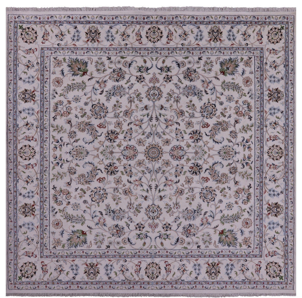 7' Square Wool & Silk Hand-Knotted Persian Nain Rug - Q14752
