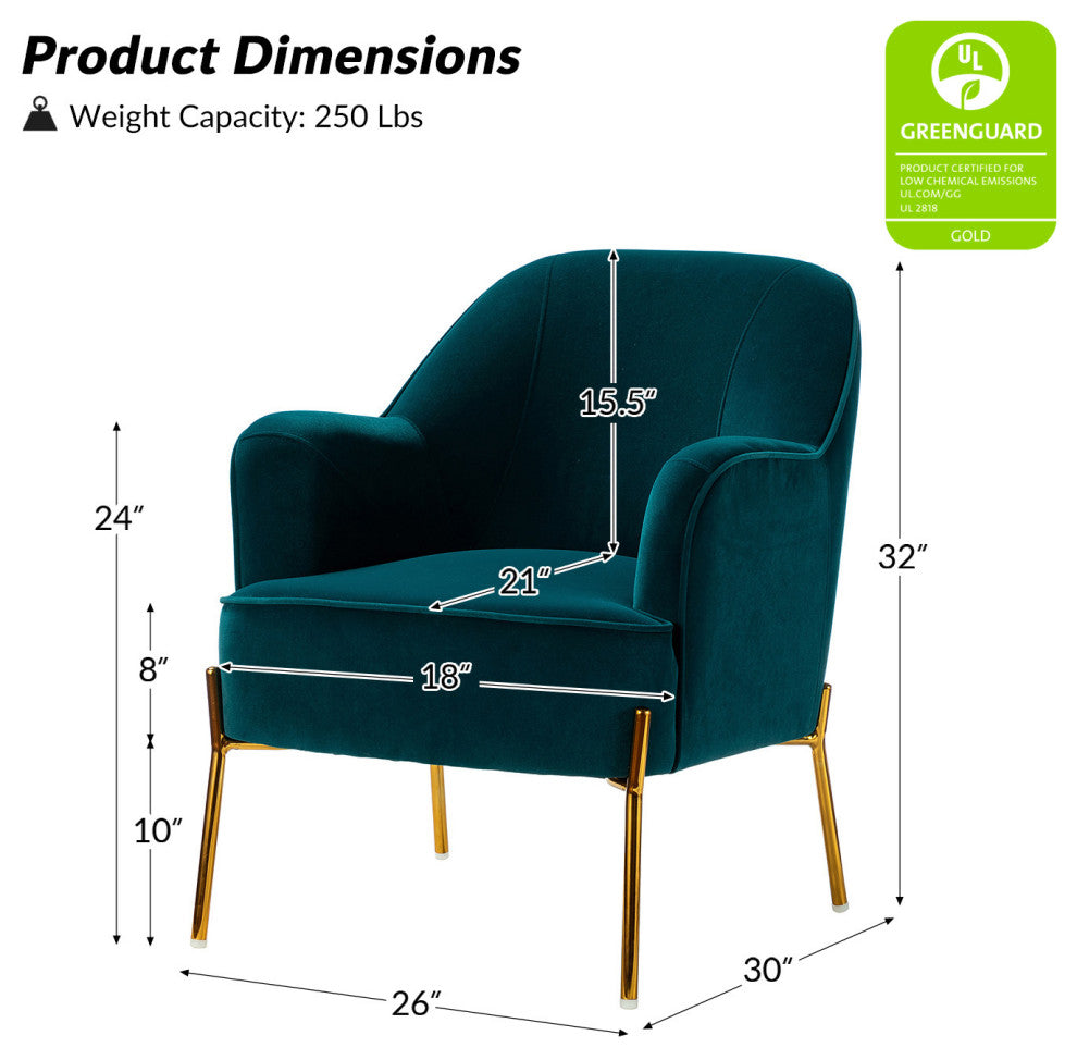 Nora Upholstered Velvet Accent Chair With Golden Base Set of 2, Teal