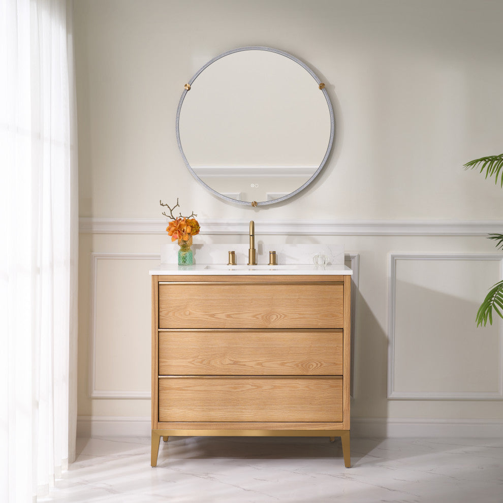 Nolan Freestanding Bathroom Vanity with Quartz Top, Light Oak, 36"
