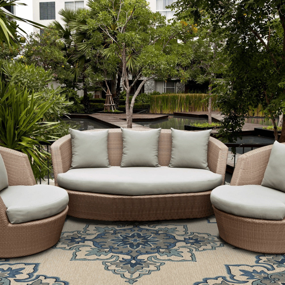 5' X 7' Ivory Or Blue Vines Bordered Uv Treated Indoor Outdoor Area Rug