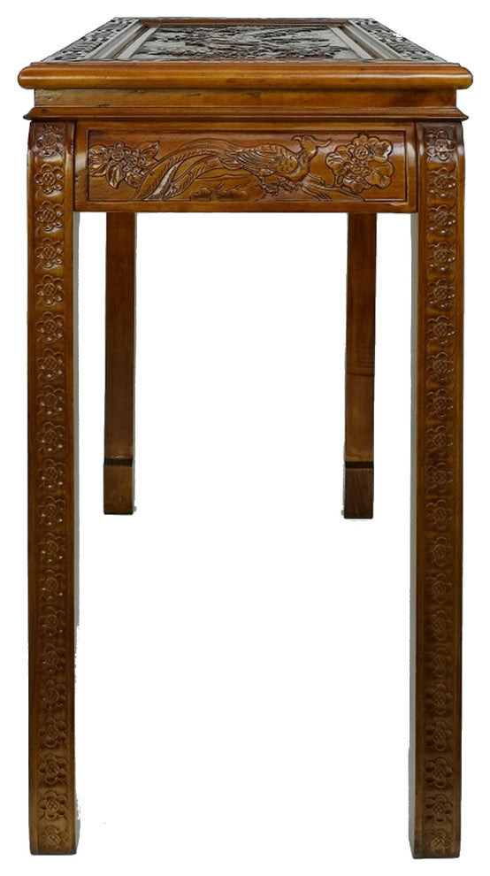 Benzara BM284635 Classic Wood Console Table, 1 Drawer, Floral Carving, Brown