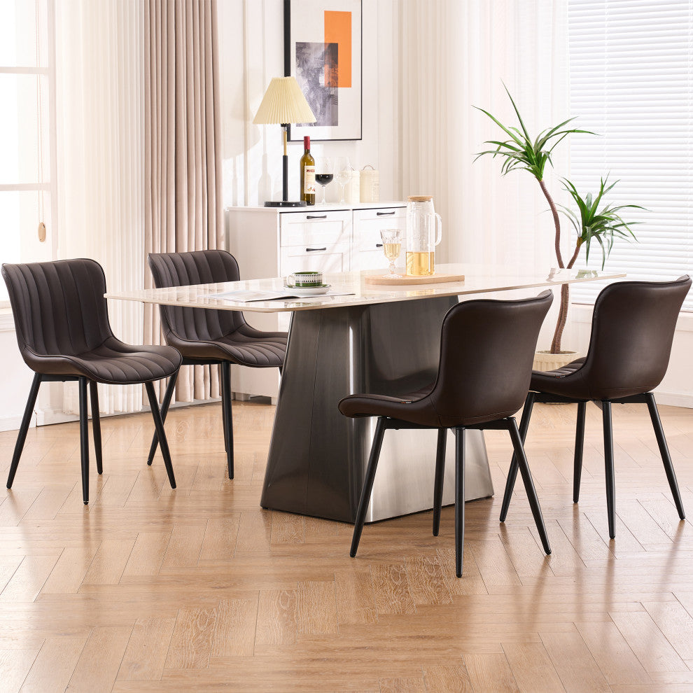 Younike Dining Chair Set of 2, Liner Pattern Faux Leather, Brown