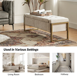 48"W Modern Upholstered Flip Top Storage Bench With Metal Legs, Beige