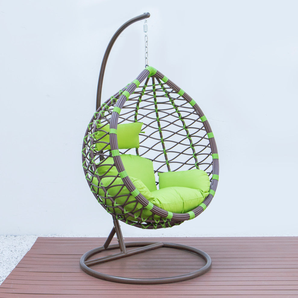 Outdoor Patio Hanging Hammock Wicker Egg Swing Lounge Chair with Green Cushion