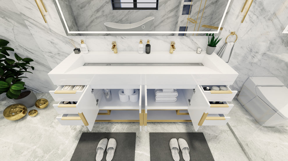 Madison 84" Free Standing Double Sink Vanity with Reinforced Acrylic Sink, High Gloss White