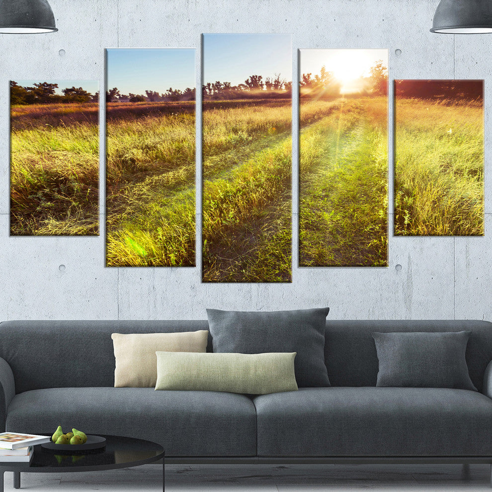Farm Road in Rural Meadow, Landscape Canvas Art Print, 60"x32", 5 Panels