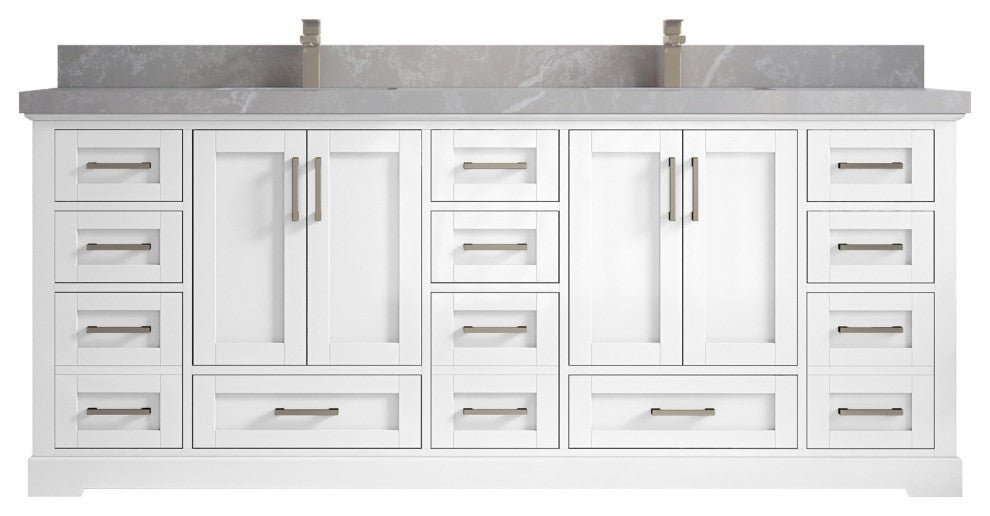 Boston 84 Double Sink Bath Vanity in White 2" Pearl Gray