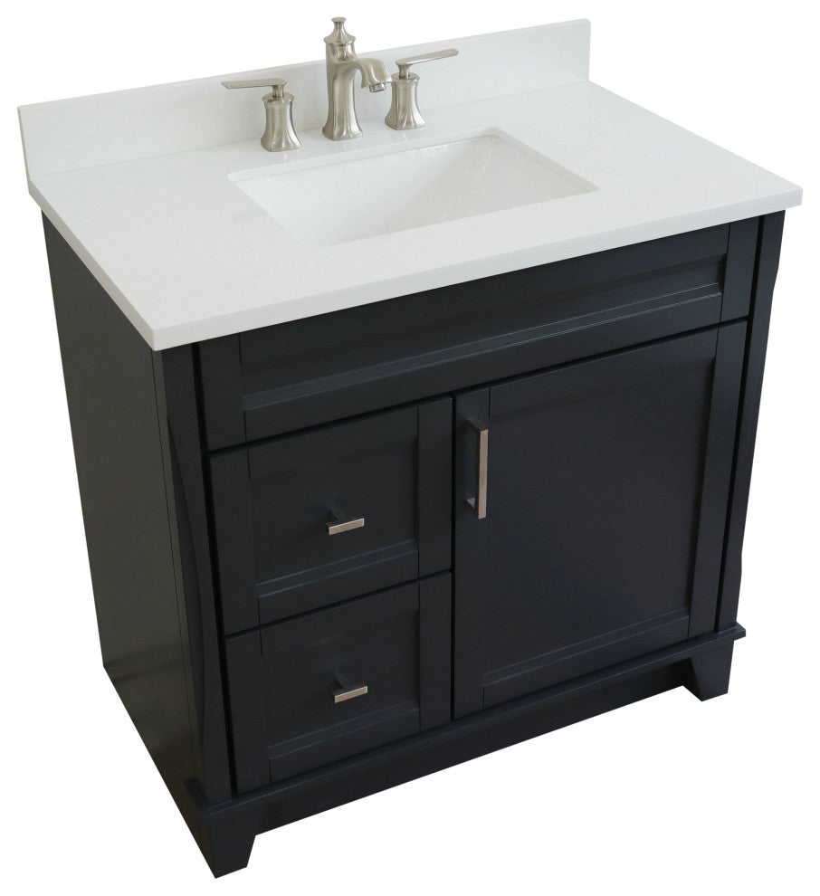 37" Single Sink Vanity, Dark Gray Finish With White Engineered Stone Top
