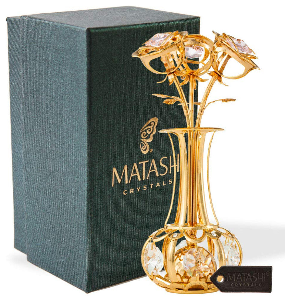 24k Gold Plated Flowers Bouquet and Vase With Pink-Clear Crystals Home Decor