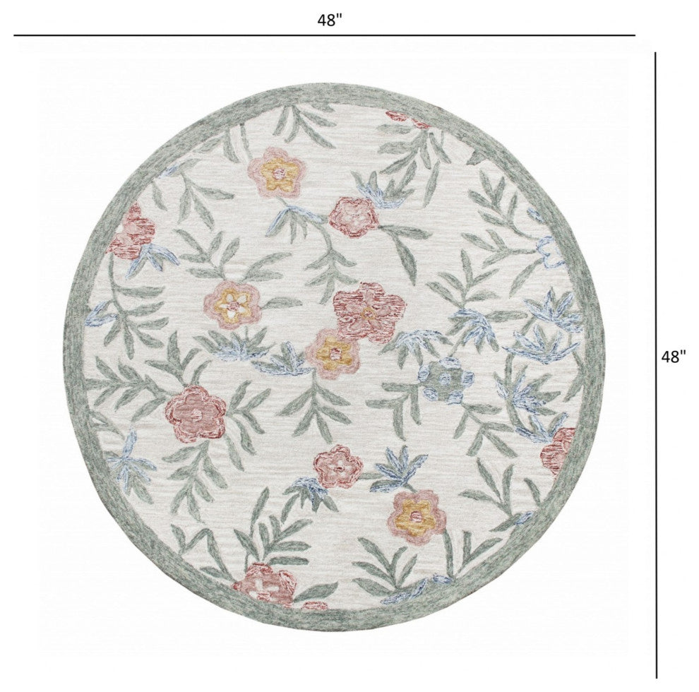4" Round Gray Floral Traditional Area Rug