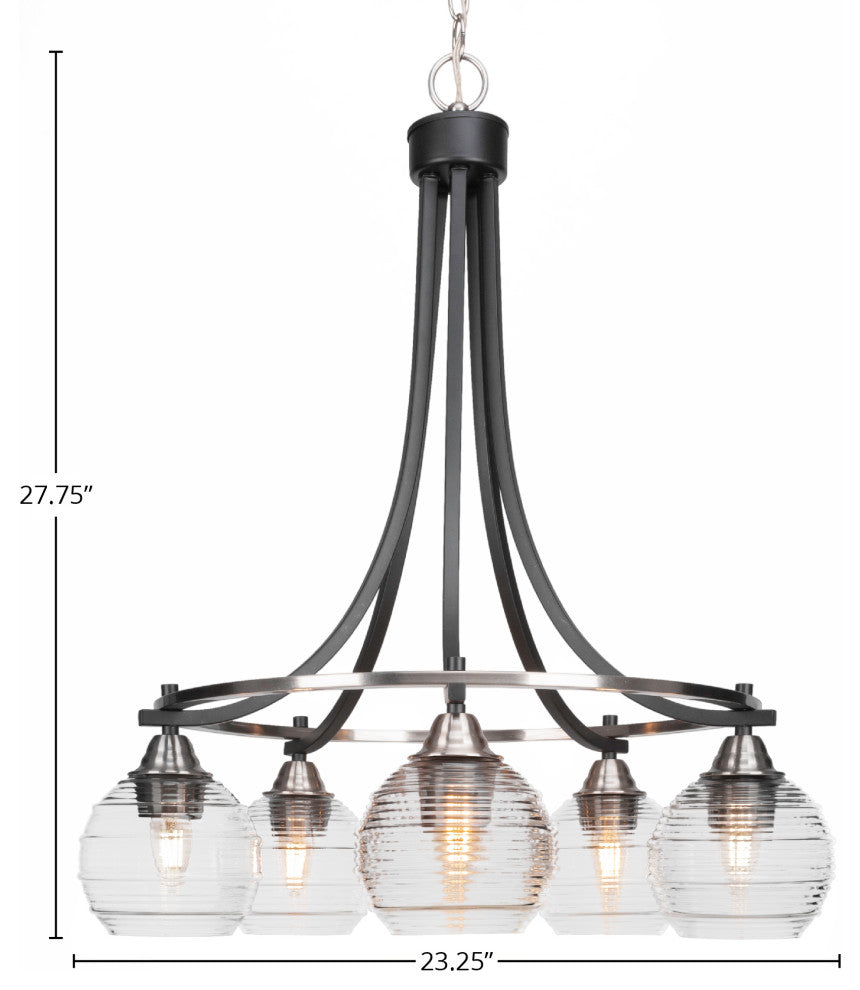 Paramount 5-Light Chandelier, Matte Black & Brushed Nickel, 6" Clear Ribbed