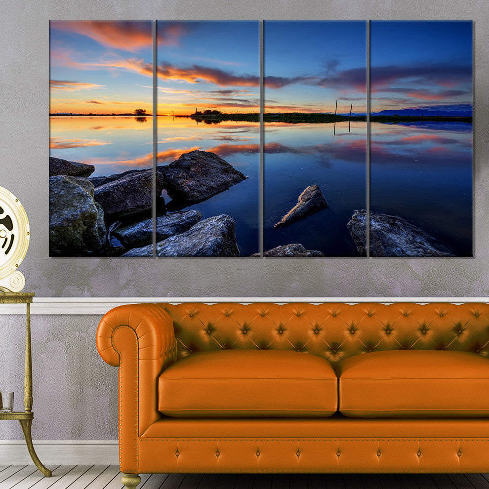 Beautiful Calm Water and Sunset, Landscape Canvas Art, 48"x28", 4 Panels