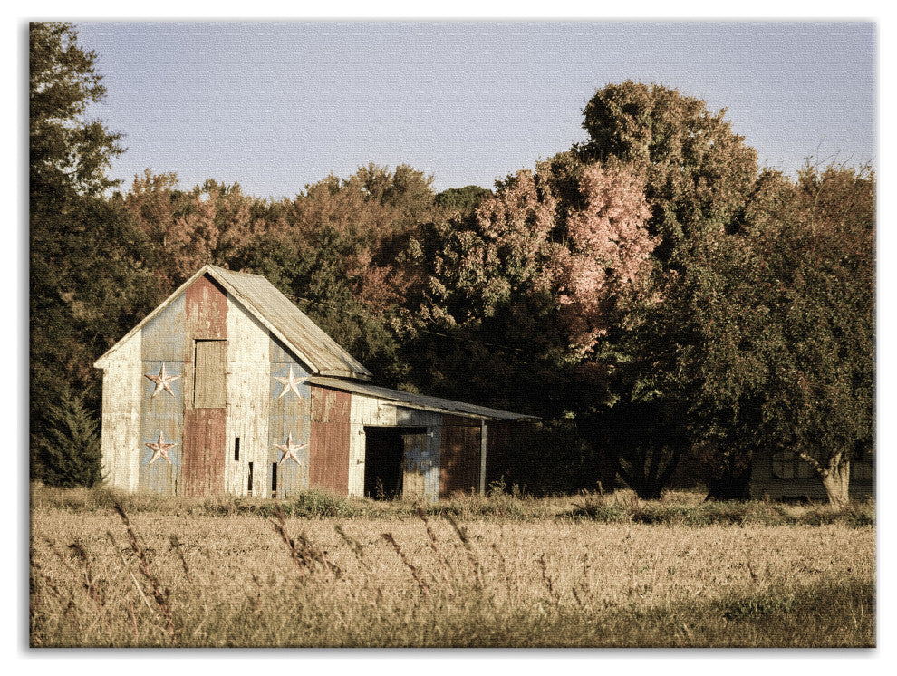Patriotic Barn in Field Aged Rural Landscape Canvas Wall Art Print, 24" X 36"