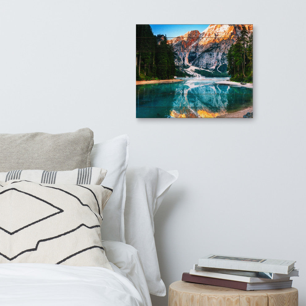 Faux Wood Misty Lake and Snow-cap Mountain Reflections Canvas Prints, 16" X 20"