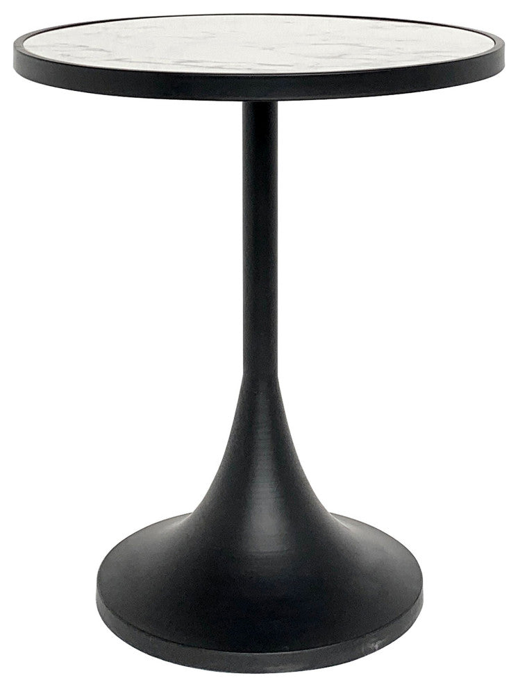 Matte Black Spun Metal and Faux Marble Top Accent Table