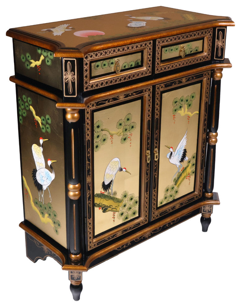 Empire Style Oriental Cabinet, Black lacquer With Gold Leaf Handpainted, 32"