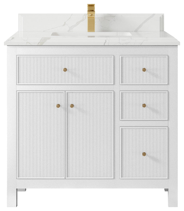 Sonoma 36 Center Sink Reeded Bath Vanity in White 1.5" Calacatta Laza