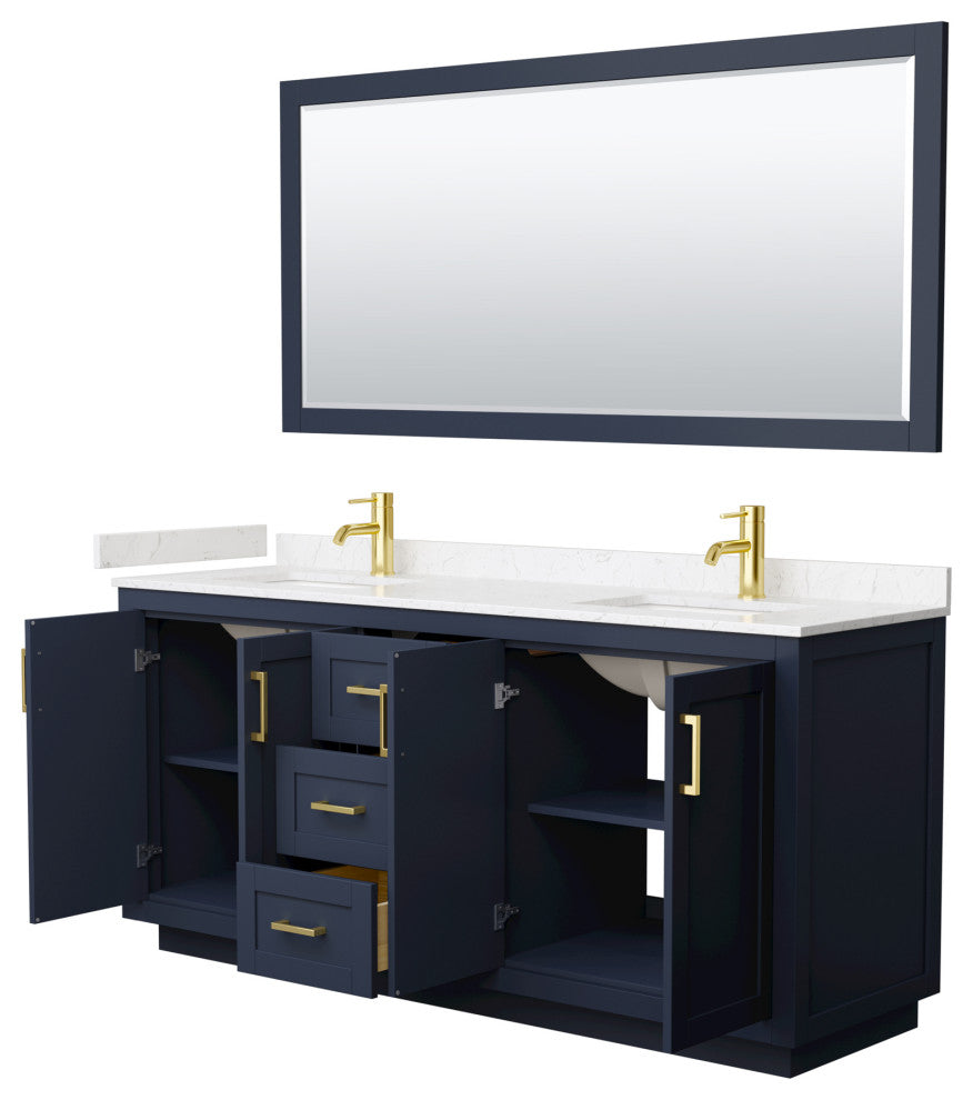 72"DBL Vanity Dark Blue, LV Carrara Cult. Top, Sinks, Gold Trim, 70"Mirror