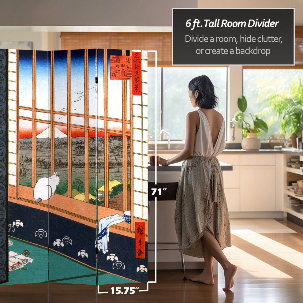 6' Tall Double Sided Hiroshige Room Divider, Asakusa Rice Field/Otsuki Plain