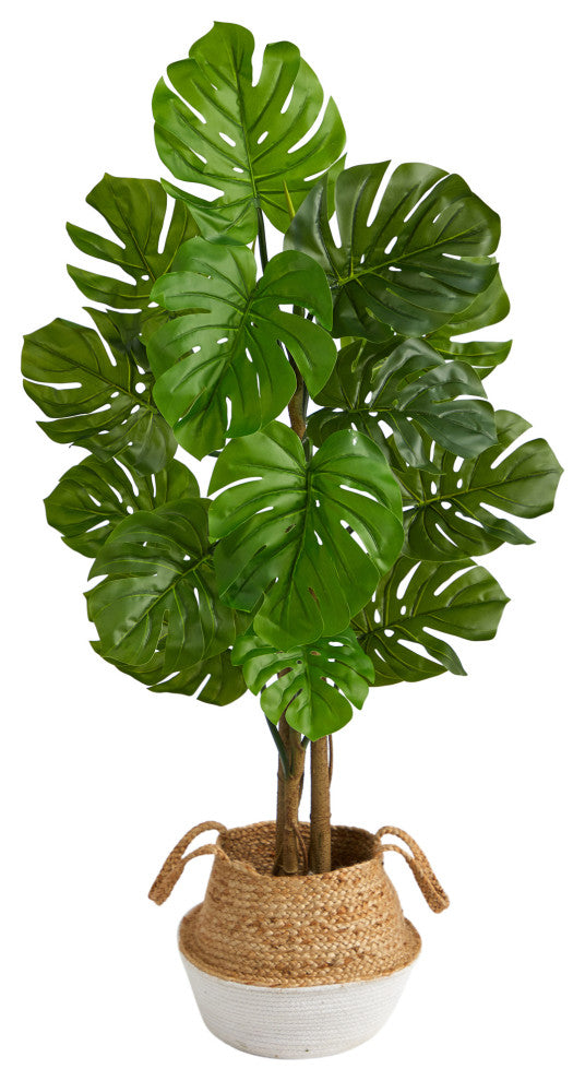 4' Monstera Faux Tree, Boho Chic Handmade Cotton & Jute White Woven Planter