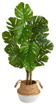 4' Monstera Faux Tree, Boho Chic Handmade Cotton & Jute White Woven Planter