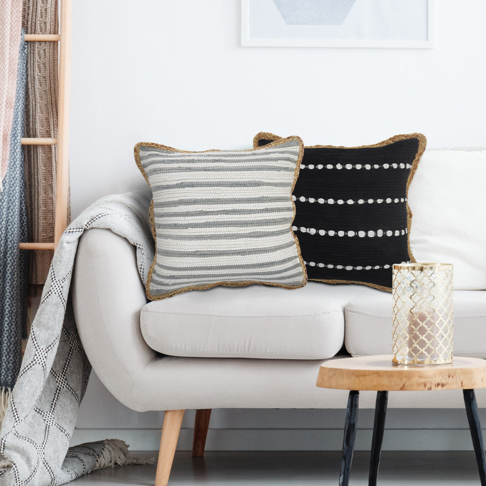 Striped Cotton and Jute Throw Pillow
