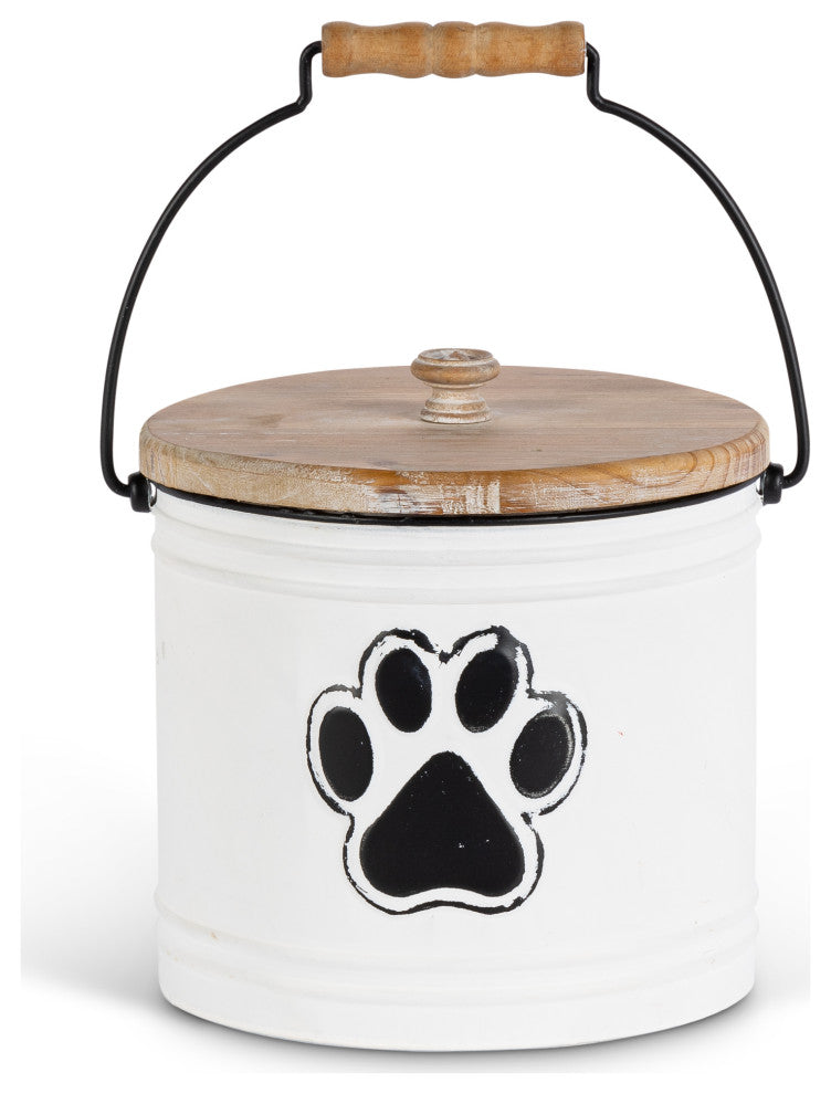 Set of 2, Assorted Metal Pet Storage Buckets, Wooden Lids and Handles