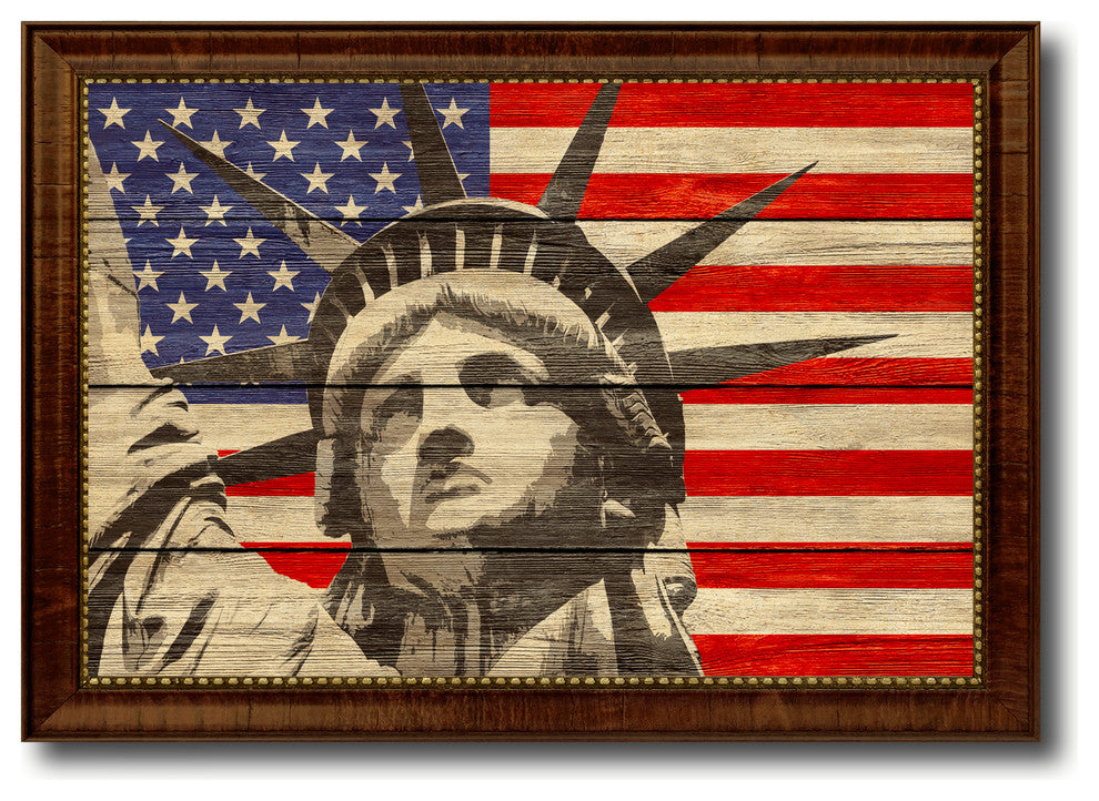 Statue Of Liberty American Textured Flag Print With Brown Gold Frame, 15"X21"