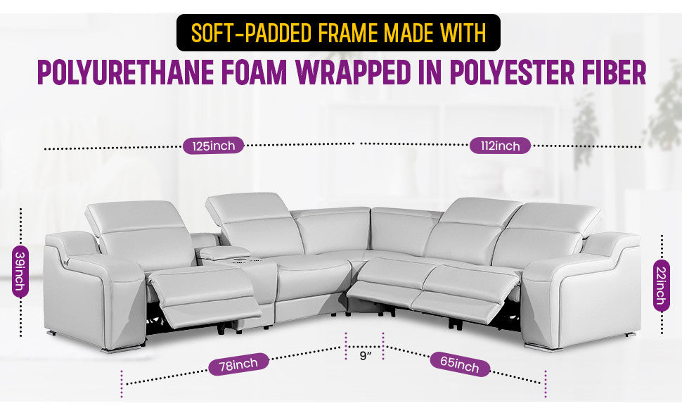 Marco-6-Piece, 3-Power Reclining Italian Leather Sectional, Light Gray