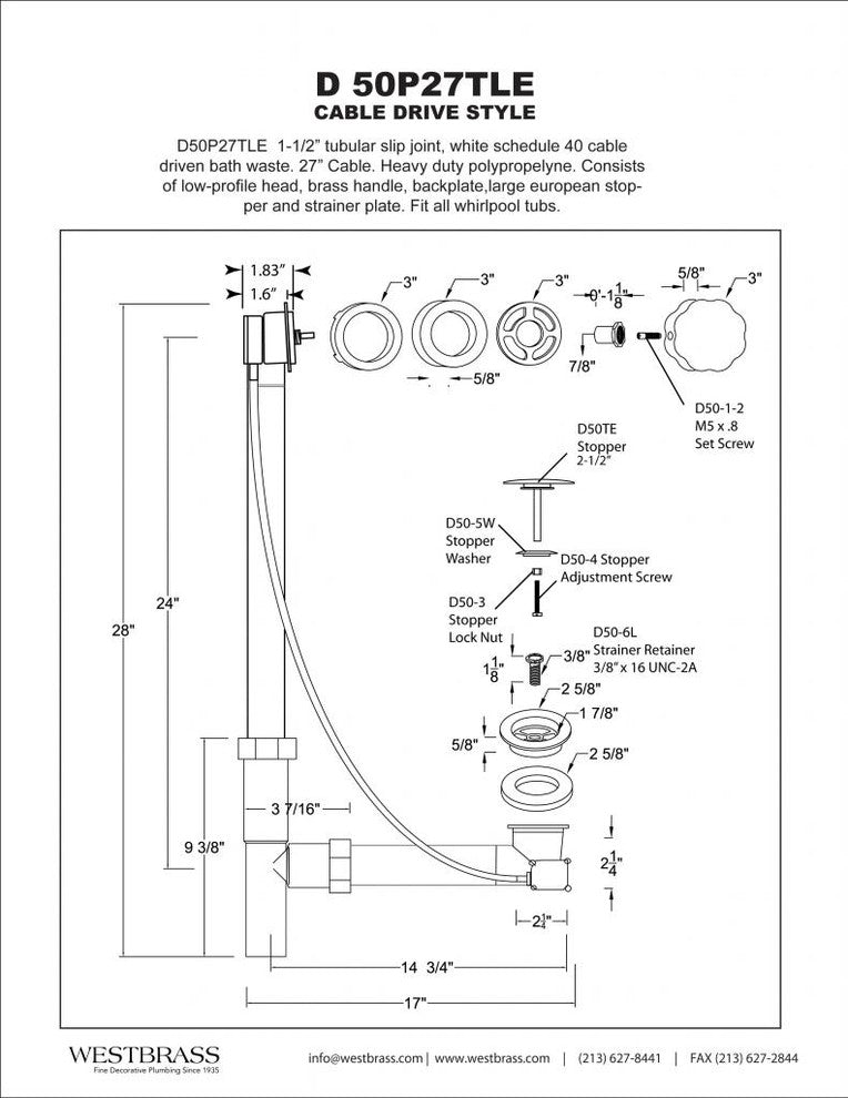 Tubular 27" Cable Drive Bath Waste In Polished Brass