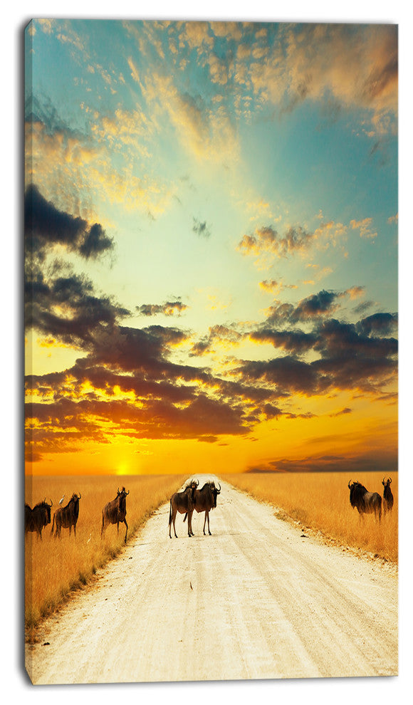 Wildebeests Crossing Path in Evening, African Landscape Canvas Print, 16"x32"