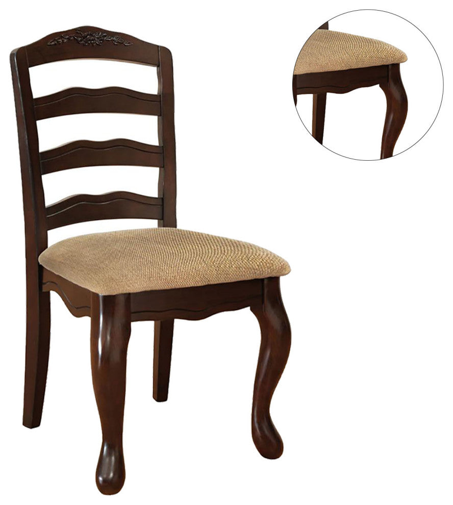 Set of 2 Padded Seat Dining Chair, Dark Walnut and Tan