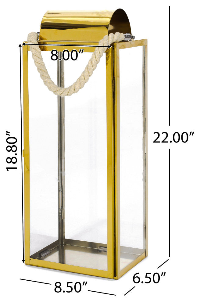 Brianna Outdoor 22" Modern Stainless Steel Lantern, Gold