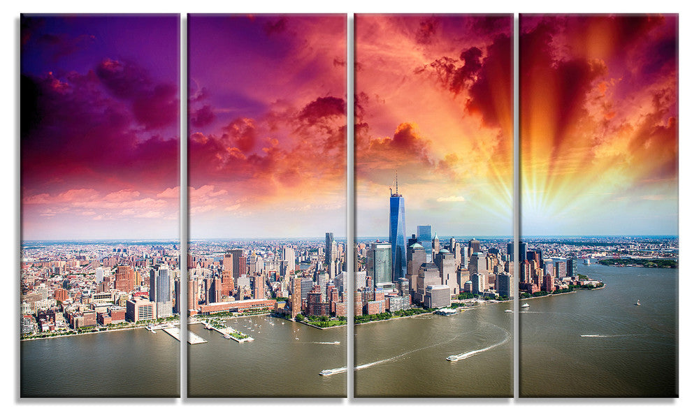 Colorful New York Skyline Aerial View, Cityscape Canvas Print, 48"x28", 4 Panels