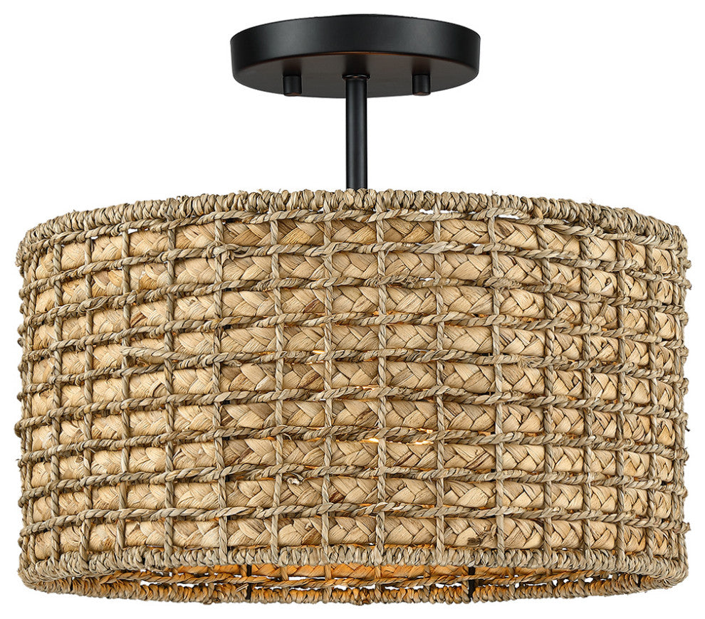13.6" 2-Light Natural Rattan Semi-Flush Mount Ceiling Light With Black Canopy